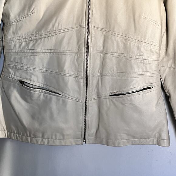 Women Leather Jacket Cream Genuine Leather Moto Zip In/Out Lining Pockets SZ L - Picture 3 of 14